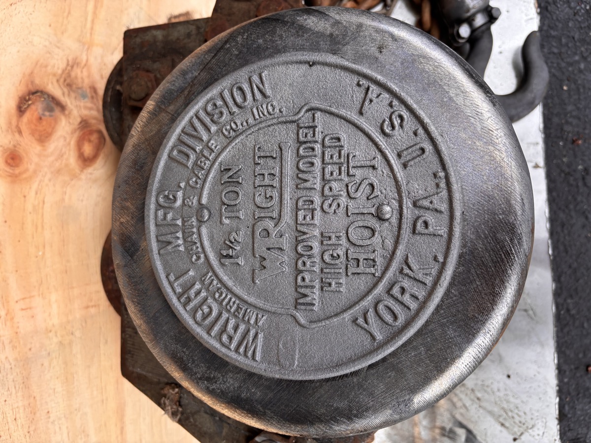 Wright chain hoist after laser cleaning — lettering restored