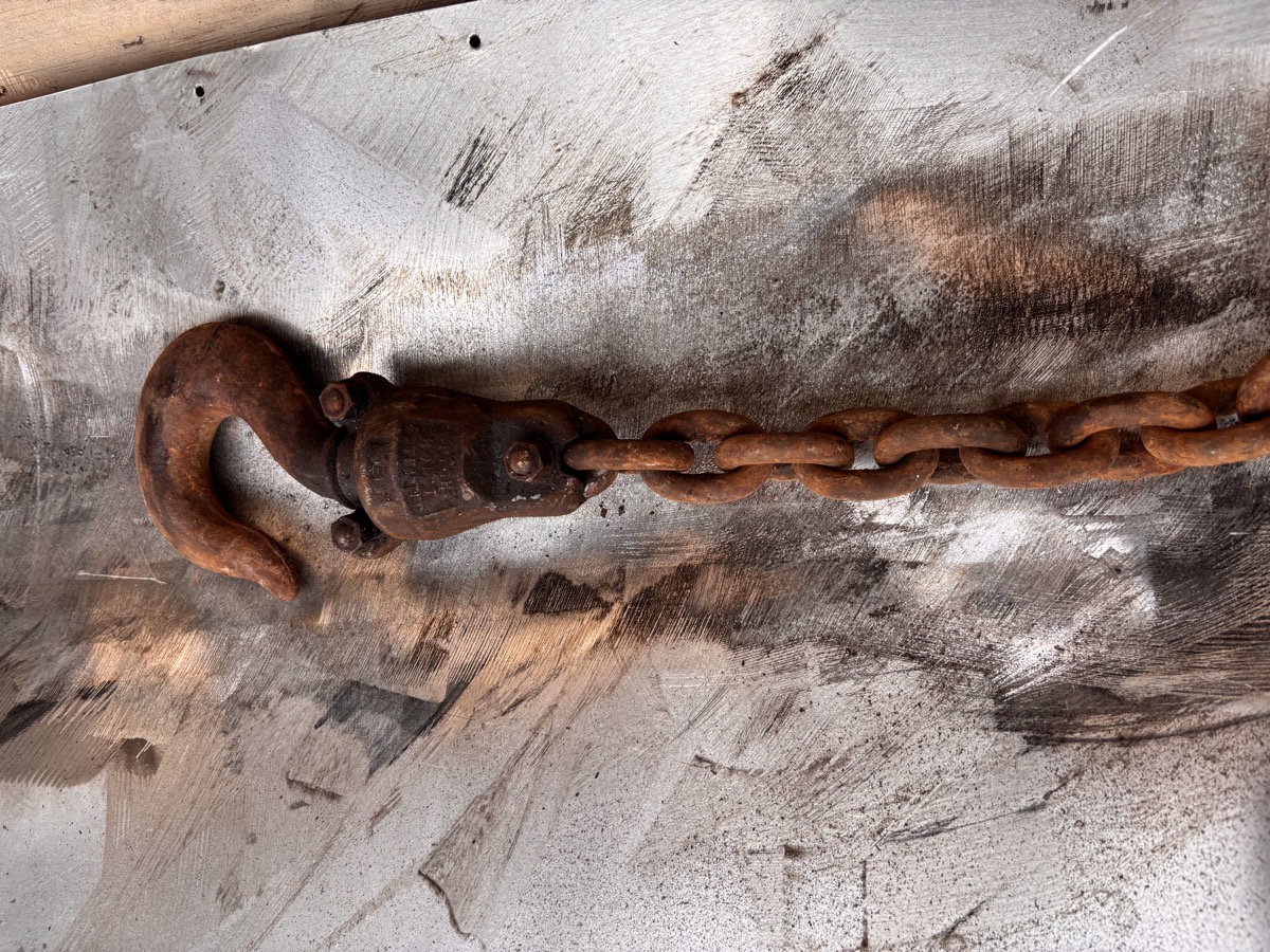 Wright hoist hook close-up — before cleaning